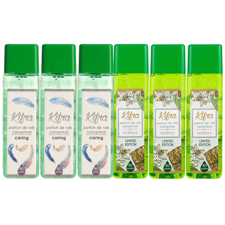 Kifra mosóparfüm válogatás készlet, 6 db, 3 x Caring 200ml 80 mosás, 3 x Vetiver 200ml 80 mosás, gyors és hatékony, bőrgyógyászatilag tesztelt, hosszan tartó frissesség, megszünteti a kellemetlen szagokat, kellemes illatú