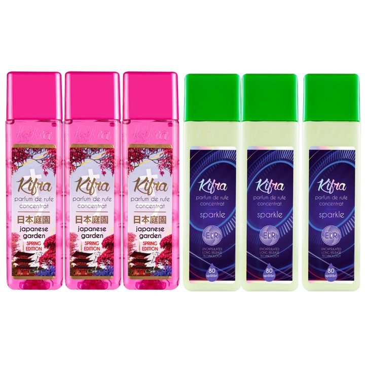 Kifra mosóparfüm válogatás készlet, 6 db, 3 x Japanese Garden 200ml 80 mosás, 3 x Sparkle 200ml 80 mosás, gyors és hatékony, bőrgyógyászatilag tesztelt, hosszan tartó frissesség, megszünteti a kellemetlen szagokat, kellemes illatú