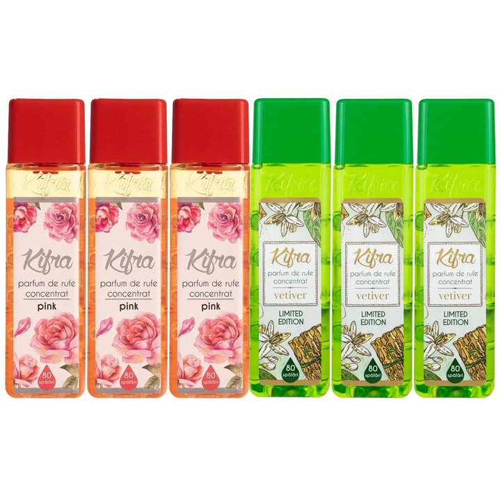 Kifra Mosóparfüm válogatás készlet, 6 db, 3 x Magnolia 200 ml 80 mosás, 3 x Vetiver 200 ml 80 mosás, gyors és hatékony, bőrgyógyászatilag tesztelt, hosszan tartó frissesség, eltünteti a kellemetlen szagokat, mélytisztító hatású, kellemes illatú