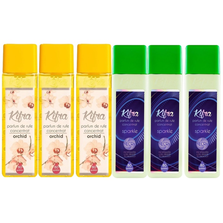 Kifra Mosóparfüm válogatás készlet, 6 db, 3 x Orchid 200 ml 80 mosás, 3 x Sparkle 200 ml 80 mosás, gyors és hatékony, bőrgyógyászatilag tesztelt, hosszan tartó frissesség, eltünteti a kellemetlen szagokat, mélytisztító hatású, kellemes illatú