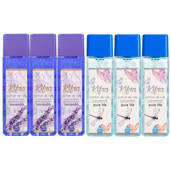 Kifra mosóparfüm válogatás készlet, 6 db, 3 x Lavender 200ml 80 mosás, 3 x Pure Life 200ml 80 mosás, gyors és hatékony, bőrgyógyászatilag tesztelt, hosszan tartó frissesség, megszünteti a kellemetlen szagokat, kellemes illatú