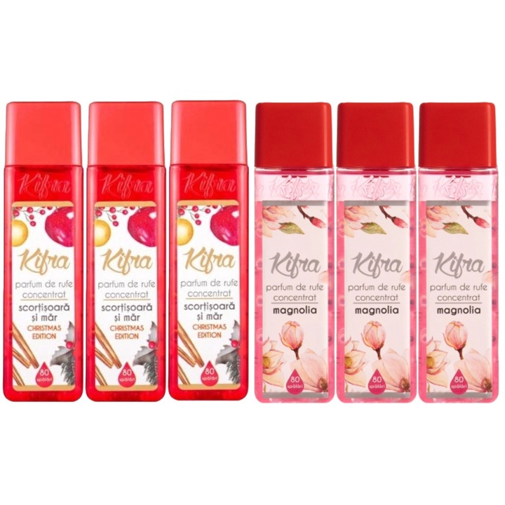 Kifra mosóparfüm válogatás készlet, 6 db, 3 x Christmas Edition Cinnamon Apple 200ml 80 mosás, 3 x Magnolia 200ml 80 mosás, gyors és hatékony, bőrgyógyászatilag tesztelt, hosszan tartó frissesség, megszünteti a kellemetlen szagokat, kellemes illatú