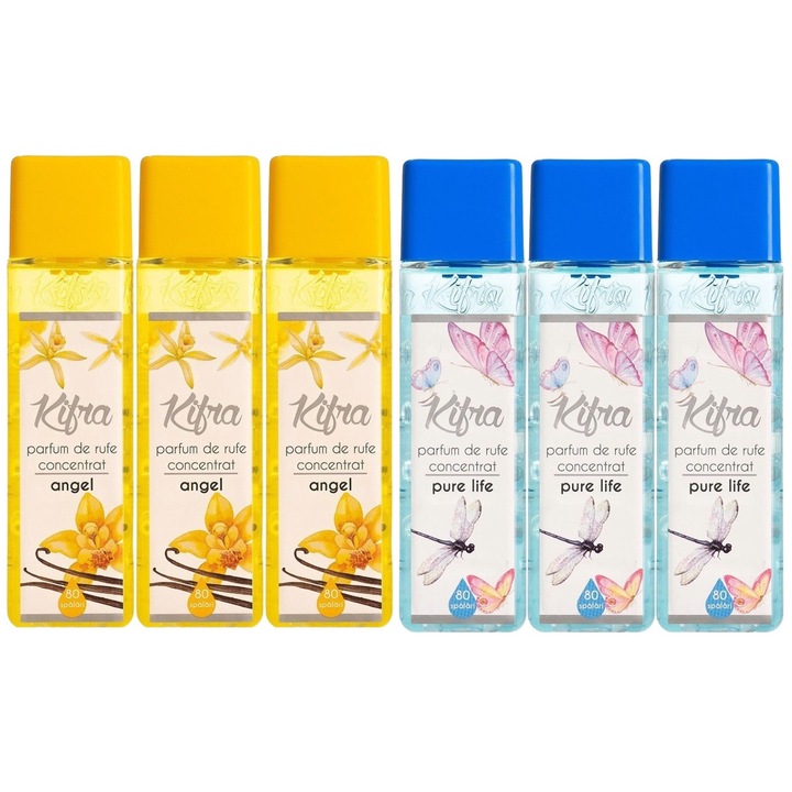 Kifra Mosóparfüm válogatás készlet, 6 db, 3 x Angel 200 ml 80 mosás, 3 x Pure Life 200 ml 80 mosás, gyors és hatékony, bőrgyógyászatilag tesztelt, hosszan tartó frissesség, eltünteti a kellemetlen szagokat, mélytisztító hatású, kellemes illatú