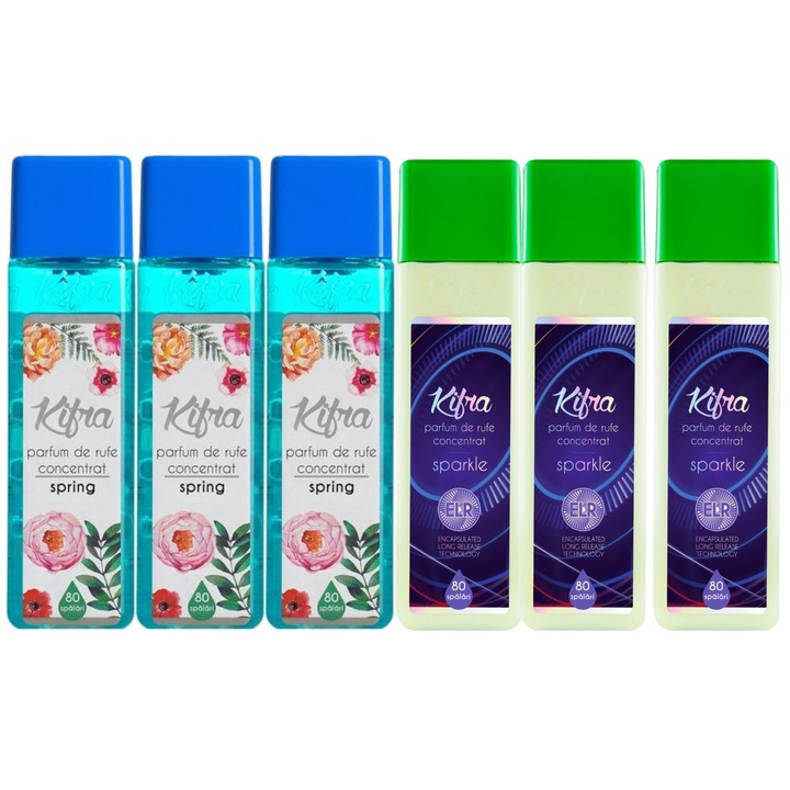Kifra mosóparfüm válogatás készlet, 6 db, 3 x Spring 200ml 80 mosás, 3 x Sparkle 200ml 80 mosás, gyors és hatékony, bőrgyógyászatilag tesztelt, hosszan tartó frissesség, megszünteti a kellemetlen szagokat, kellemes illatú