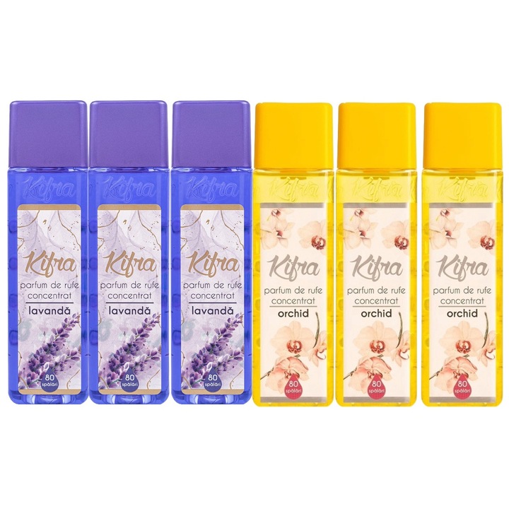 Kifra mosóparfüm válogatás készlet, 6 db, 3 x Lavender 200ml 80 mosás, 3 x Orchid 200ml 80 mosás, gyors és hatékony, bőrgyógyászatilag tesztelt, hosszan tartó frissesség, megszünteti a kellemetlen szagokat, kellemes illatú