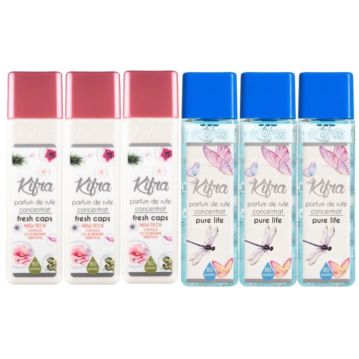 Kifra Mosóparfüm válogatás készlet, 6 db, 3 x Fresh Caps 200 ml 80 mosás, 3 x Pure Life 200 ml 80 mosás, gyors és hatékony, bőrgyógyászatilag tesztelt, hosszan tartó frissesség, eltünteti a kellemetlen szagokat, mélytisztító hatású, kellemes illatú