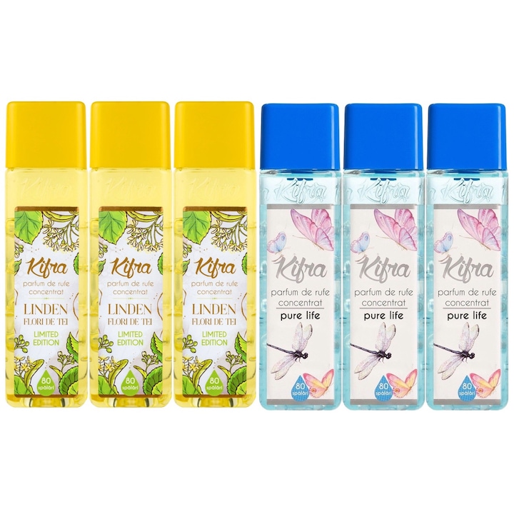 Kifra mosóparfüm készlet: Linden Flori de Tei mosóparfüm, 3x200ml, 240 mosás + Pure life mosóparfüm, 3x200ml, 240 mosás