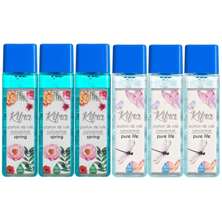 Kifra mosóparfüm válogatás készlet, 6 db, 3 x Spring 200ml 80 mosás, 3 x Pure Life 200ml 80 mosás, gyors és hatékony, bőrgyógyászatilag tesztelt, hosszan tartó frissesség, megszünteti a kellemetlen szagokat, kellemes illatú