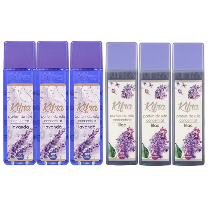 Kifra mosóparfüm válogatás készlet, 6 db, 3 x Lavender 200ml 80 mosás, 3 x Lilac 200ml 80 mosás, gyors és hatékony, bőrgyógyászatilag tesztelt, hosszan tartó frissesség, megszünteti a kellemetlen szagokat, kellemes illatú
