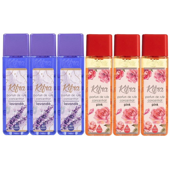 Kifra mosóparfüm válogatás készlet, 6 db, 3 x Lavender 200ml 80 mosás, 3 x Pink 200ml 80 mosás, gyors és hatékony, bőrgyógyászatilag tesztelt, hosszan tartó frissesség, megszünteti a kellemetlen szagokat, kellemes illatú