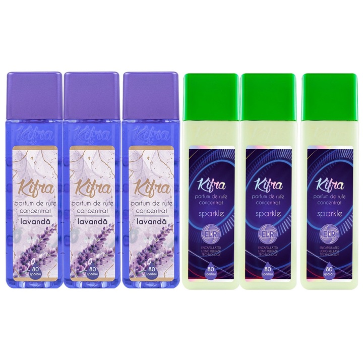 Kifra Mosóparfüm válogatás készlet, 6 db, 3 x Lavender 200 ml 80 mosás, 3 x Sparkle 200 ml 80 mosás, gyors és hatékony, bőrgyógyászatilag tesztelt, hosszan tartó frissesség, eltünteti a kellemetlen szagokat, mélytisztító hatású, kellemes illatú