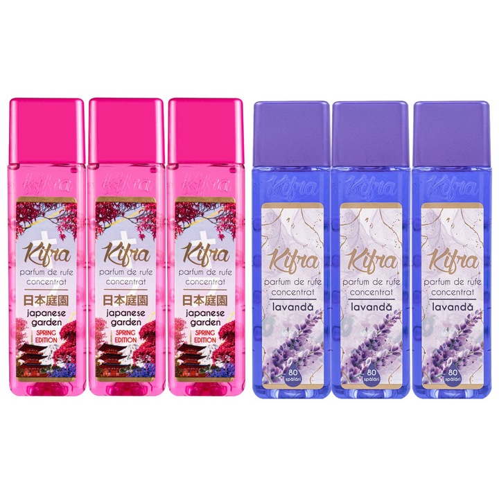 Kifra mosóparfüm válogatás készlet, 6 db, 3 x Japanese Garden 200ml 80 mosás, 3 x Lavender 200ml 80 mosás, gyors és hatékony, bőrgyógyászatilag tesztelt, hosszan tartó frissesség, megszünteti a kellemetlen szagokat, kellemes illatú