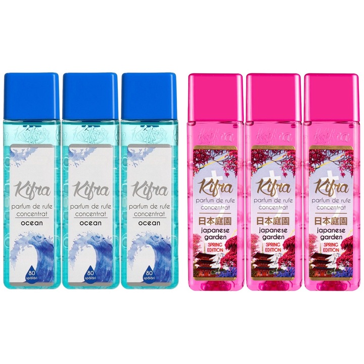 Kifra mosóparfüm készlet: Ocean mosóparfüm, 3x200ml, 240 mosás + Japanese Garden mosóparfüm, 3x200ml, 240 mosás