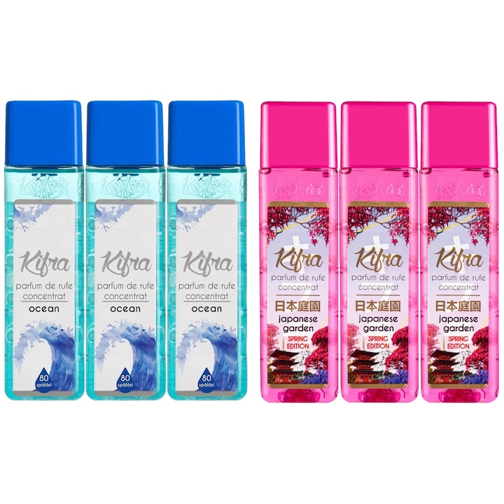 Kifra mosóparfüm készlet: Ocean mosóparfüm, 3x200ml, 240 mosás + Japanese Garden mosóparfüm, 3x200ml, 240 mosás