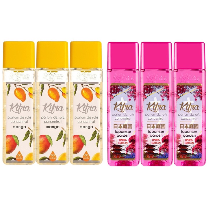 Kifra mosóparfüm válogatás készlet, 6 db, 3 x Mango 200ml 80 mosás, 3 x Japanese Garden 200ml 80 mosás, gyors és hatékony, bőrgyógyászatilag tesztelt, hosszan tartó frissesség, megszünteti a kellemetlen szagokat, kellemes illatú