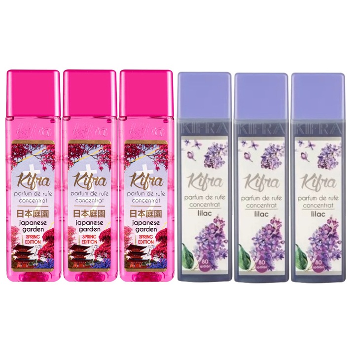 Kifra Mosóparfüm válogatás készlet, 6 db, 3 x Japanese Garden200 ml 80 mosás, 3 x Lilac 200 ml 80 mosás, gyors és hatékony, bőrgyógyászatilag tesztelt, hosszan tartó frissesség, eltünteti a kellemetlen szagokat, mélytisztító hatású, kellemes illatú
