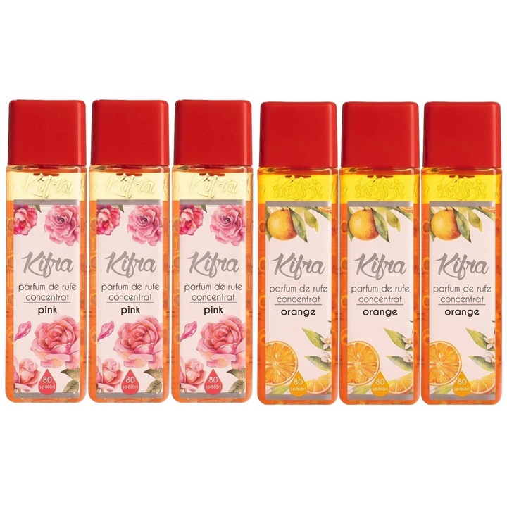 Kifra Mosóparfüm válogatás készlet, 6 db, 3 x Magnolia 200 ml 80 mosás, 3 x Orange 200 ml 80 mosás, gyors és hatékony, bőrgyógyászatilag tesztelt, hosszan tartó frissesség, eltünteti a kellemetlen szagokat, mélytisztító hatású, kellemes illatú