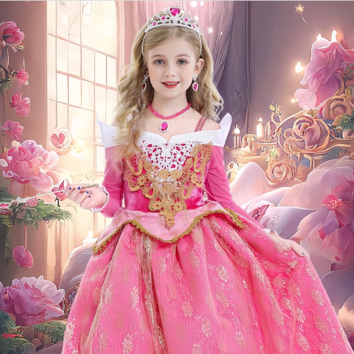 Costum Elsa Aurora fetite, rochie printesa roz eleganta cu bagheta ...