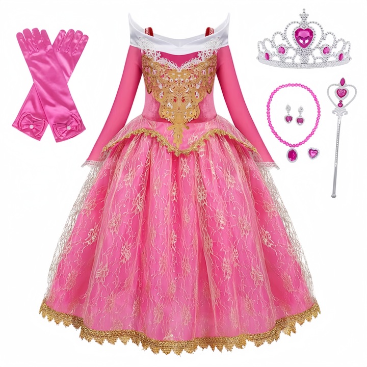 Costum Elsa Aurora fetite, rochie printesa roz eleganta cu bagheta, coroana si manusi, ideala pentru carnaval, petreceri tematice, Halloween, zi de nastere, ziua copiilor, nunta, bal mascat,130 cm