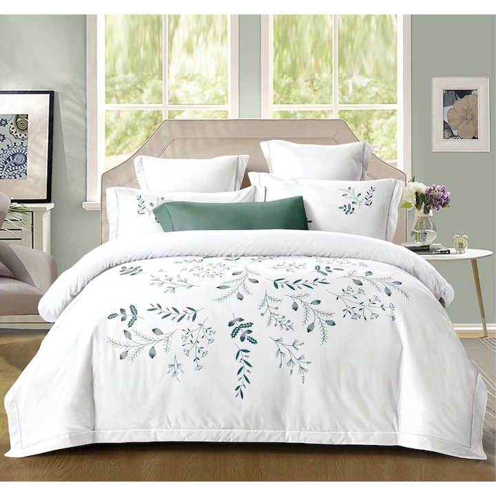 Set Lenjerie CHIRASO Eleganta din Bumbac, cu imprimeu deosebit, pentru pat dublu, 4 piese, Cearceaf de pat cu elastic 180 x 200 cm, Cearceaf pilota 200 x 230 cm, 2 fete de perna 55 x 80 cm, alb-verde