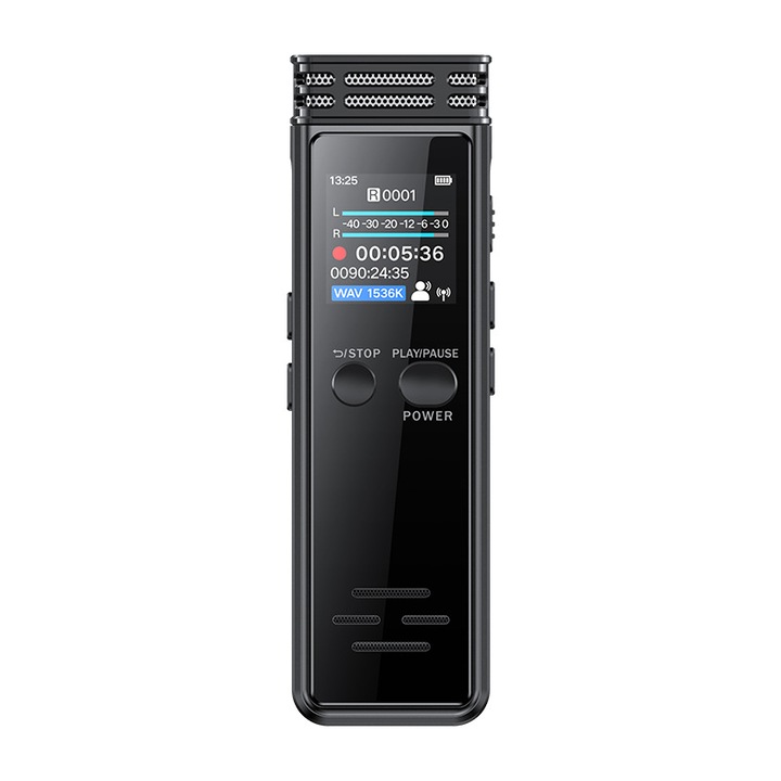 Kém Hangrögzítő, 64 GB, 1,14 hüvelykes HD kijelző, 1536K bitsebesség, DPS zajcsökkentés, 360°-os panorámafelvétel, APP hangrögzítés támogatása, C típusú port, fekete