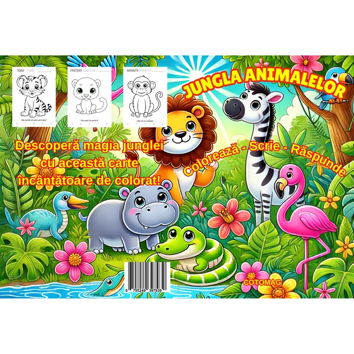 Carte de Colorat Jungla Animalelor: Coloreaza-Scrie-Raspunde, Carte de Colorat cu Activitati Pentru Copii de 4-8 Ani, Carte Pentru Momente de Relaxare, Creativitate, Dezvoltare si Invatare