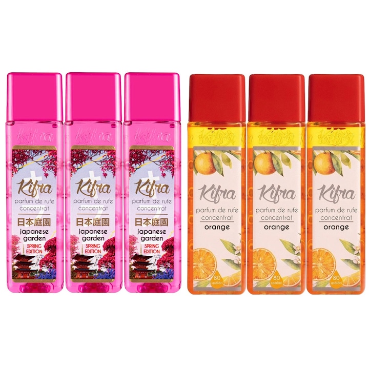 Kifra mosóparfüm válogatás készlet, 6 db, 3 x Japanese Garden 200ml 80 mosás, 3 x Orange 200ml 80 mosás, gyors és hatékony, bőrgyógyászatilag tesztelt, hosszan tartó frissesség, megszünteti a kellemetlen szagokat, kellemes illatú