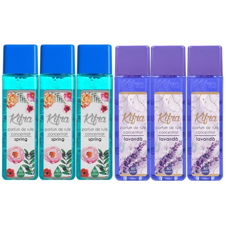 Kifra Mosóparfüm válogatás készlet, 6 db, 3 Spring x 200 ml 80 mosás, 3 x Lavender 200 ml 80 mosás, gyors és hatékony, bőrgyógyászatilag tesztelt, hosszan tartó frissesség, eltünteti a kellemetlen szagokat, mélytisztító hatású, kellemes illatú