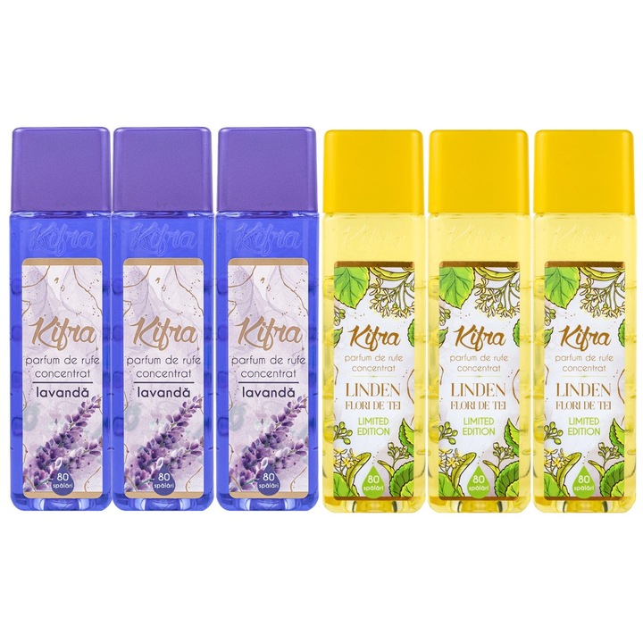 Kifra Mosóparfüm válogatás készlet, 6 db, 3 x Lavender 200 ml 80 mosás, 3 x Linden 200 ml 80 mosás, gyors és hatékony, bőrgyógyászatilag tesztelt, hosszan tartó frissesség, eltünteti a kellemetlen szagokat, mélytisztító hatású, kellemes illatú