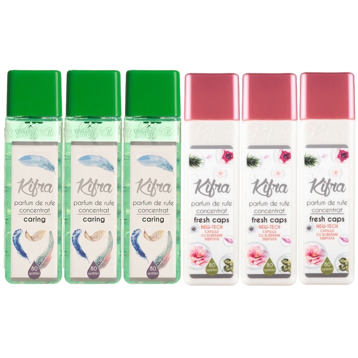 Kifra Mosóparfüm válogatás készlet, 6 db, 3 x Caring 200 ml 80 mosás, 3 x Fresh Caps 200 ml 80 mosás, gyors és hatékony, bőrgyógyászatilag tesztelt, hosszan tartó frissesség, eltünteti a kellemetlen szagokat, mélytisztító hatású, kellemes illatú