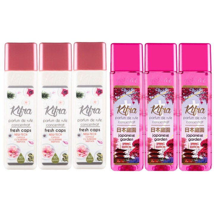 Kifra mosóparfüm válogatás készlet, 6 db, 3 x Fresh Caps 200ml 80 mosás, 3 x Japanese Garden 200ml 80 mosás, gyors és hatékony, bőrgyógyászatilag tesztelt, hosszan tartó frissesség, megszünteti a kellemetlen szagokat, kellemes illatú