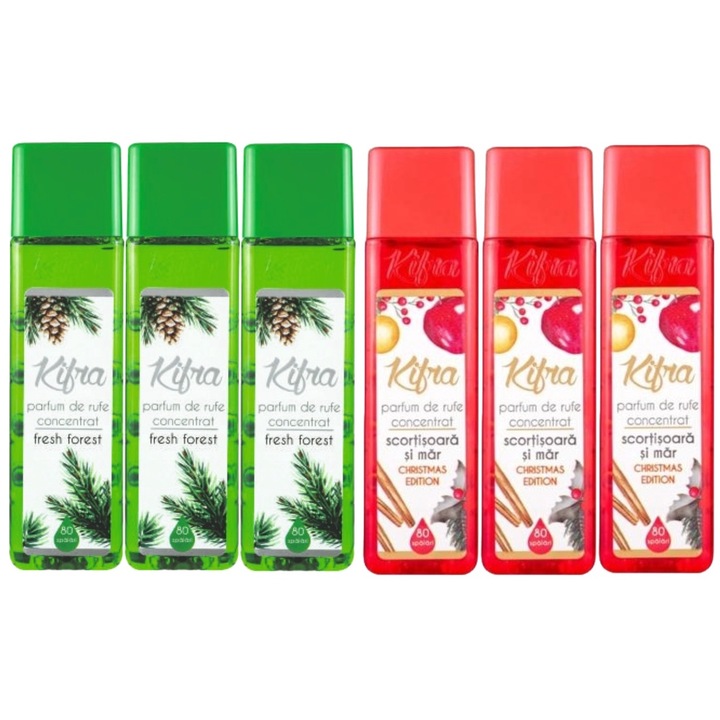 Kifra Mosóparfüm készlet, 6 db, 3 x Fresh Forest 200 ml 80 mosás, 3 x Christmas Edition Cinnamon Apple 200 ml 80 mosás, gyors és hatékony, bőrgyógyászatilag tesztelt, hosszan tartó frissesség, eltünteti a kellemetlen szagokat, mélytisztító, kellemes illat