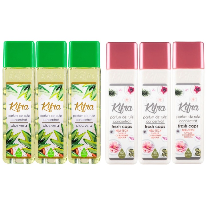 Kifra Mosóparfüm válogatás készlet, 6 db, 3 x Aloe Vera 200 ml 80 mosás, 3 x Fresh Caps 200 ml 80 mosás, gyors és hatékony, bőrgyógyászatilag tesztelt, hosszan tartó frissesség, eltünteti a kellemetlen szagokat, mélytisztító hatású, kellemes illatú