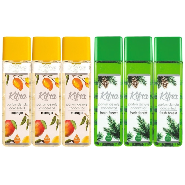 Szett 6 x Kifra csomag, 3 x mosó parfüm 200ml Fresh Forest 80 mosás, 3 x mosó parfüm 200ml Mango 80 mosás, gyors és hatékony, bőrgyógyászatilag tesztelt, hosszantartó frissesség, megszünteti a kellemetlen szagokat, mélytisztítás, kellemes illat