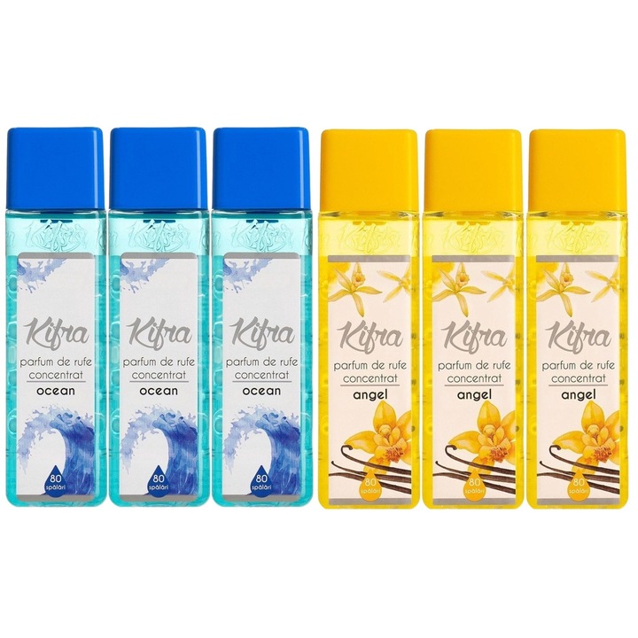 Kifra mosóparfüm válogatás készlet, 6 db, 3 x Ocean 200ml 80 mosás, 3 x Angel 200ml 80 mosás, gyors és hatékony, bőrgyógyászatilag tesztelt, hosszan tartó frissesség, megszünteti a kellemetlen szagokat, kellemes illatú