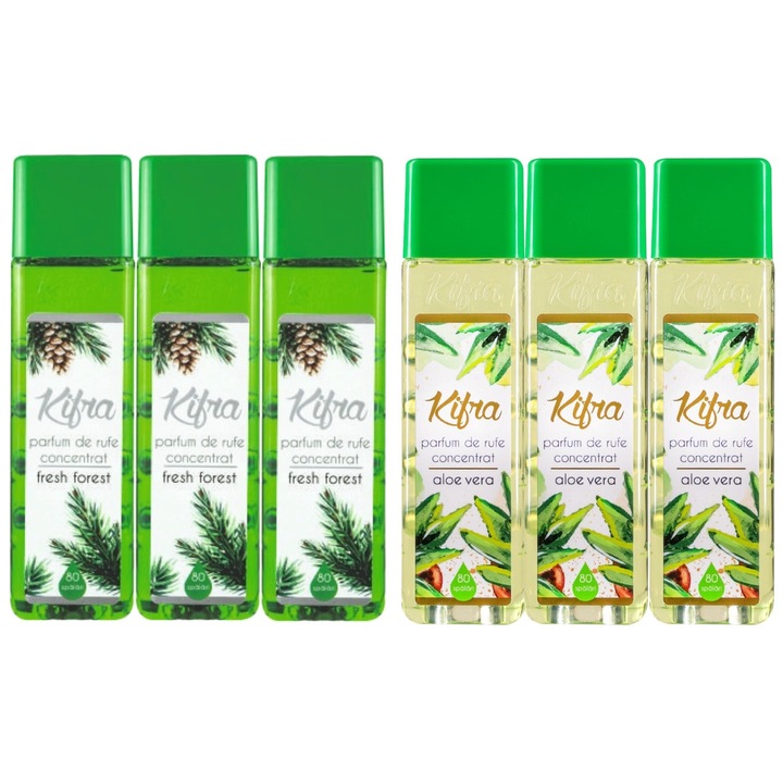 Kifra mosóparfüm válogatás készlet, 6 db, 3 x Fresh Forest 200ml 80 mosás, 3 x Aloe Vera 200ml 80 mosás, gyors és hatékony, bőrgyógyászatilag tesztelt, hosszan tartó frissesség, megszünteti a kellemetlen szagokat, kellemes illatú