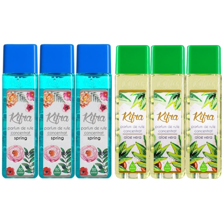 Kifra mosóparfüm válogatás készlet, 6 db, 3 x Spring 200ml 80 mosás, 3 x Aloe Vera 200ml 80 mosás, gyors és hatékony, bőrgyógyászatilag tesztelt, hosszan tartó frissesség, megszünteti a kellemetlen szagokat, kellemes illatú