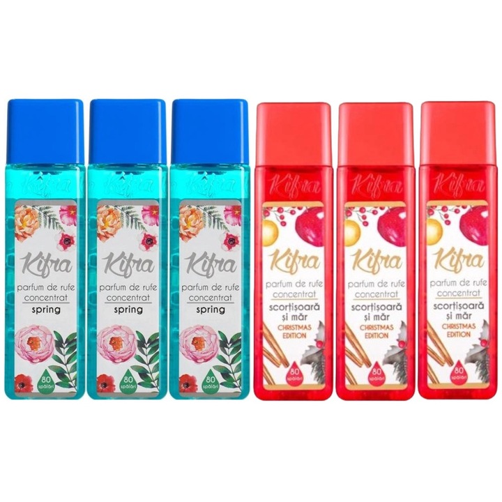 Kifra mosóparfüm válogatás készlet, 6 db, 3 x Spring 200ml 80 mosás, 3 x Christmas Edition Cinnamon Apple 200ml 80 mosás, gyors és hatékony, bőrgyógyászatilag tesztelt, hosszan tartó frissesség, megszünteti a kellemetlen szagokat, kellemes illatú