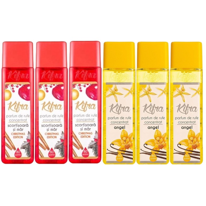 Kifra mosóparfüm válogatás készlet, 6 db, 3 x Christmas Edition Cinnamon Apple 200ml 80 mosás, 3 x Angel 200ml 80 mosás, gyors és hatékony, bőrgyógyászatilag tesztelt, hosszan tartó frissesség, megszünteti a kellemetlen szagokat, kellemes illatú