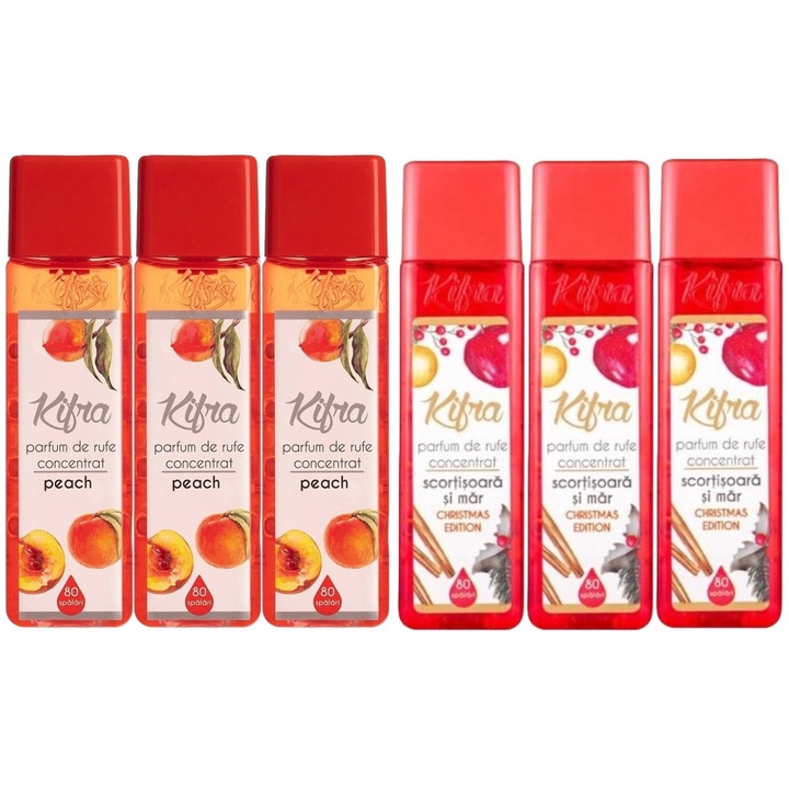 Kifra mosóparfüm válogatás készlet, 6 db, 3 x Peach 200ml 80 mosás, 3 x Christmas Edition Cinnamon Apple 200ml 80 mosás, gyors és hatékony, bőrgyógyászatilag tesztelt, hosszan tartó frissesség, megszünteti a kellemetlen szagokat, kellemes illatú