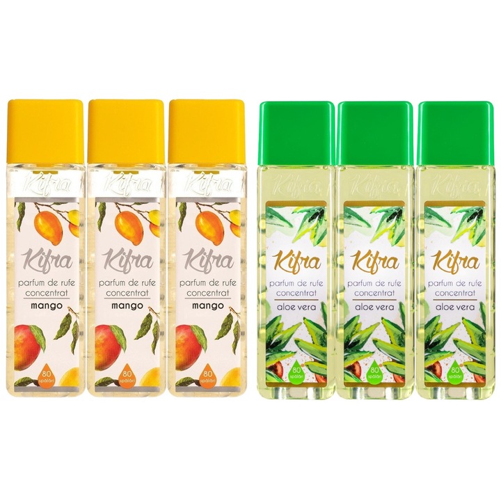 Kifra Mosóparfüm válogatás készlet, 6 db, 3 x Mango 200 ml 80 mosás, 3 x Aloe Vera 200 ml 80 mosás, gyors és hatékony, bőrgyógyászatilag tesztelt, hosszan tartó frissesség, eltünteti a kellemetlen szagokat, mélytisztító hatású, kellemes illatú