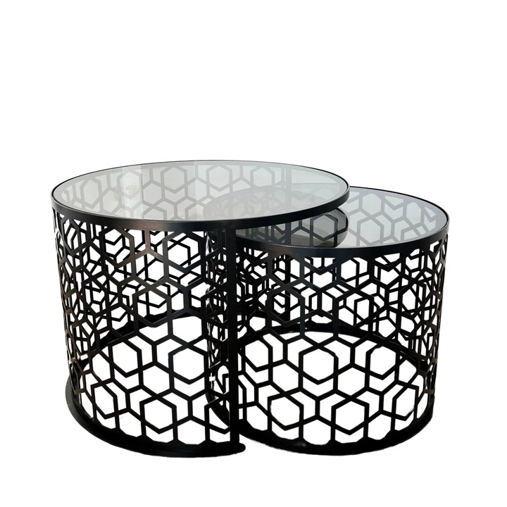 Masuta cafea rotunda, set masute de living rotunde, 2 piese, cu blat sticla securizata, buz