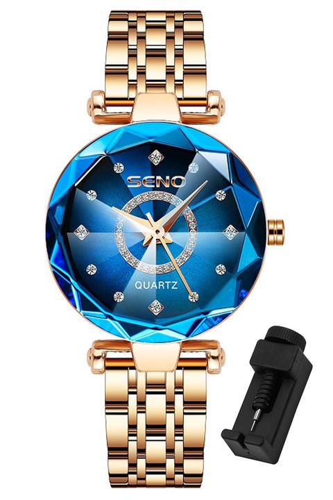 Ceas de dama quartz, Hggzeg, Ceas de mana femei, Cu diamant, instrumentul de ajustare, Design cu trei maini, Lungime reglabila, Rezistent la apa 30m, Pentru ziua de nastere, nunta, Inox/Sticla, Albastru