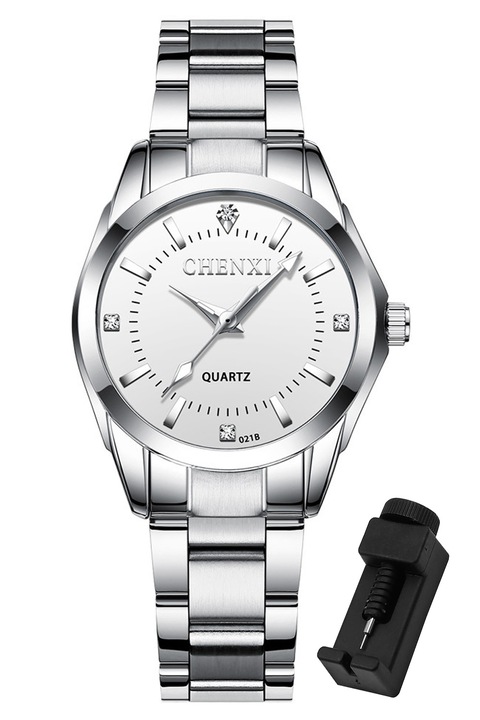 Ceas de mana femei, Hggzeg, Ceas clasic de dama, Maini luminoase, Miscare cu cuart, Cu instrumentul de ajustare, Rezistent la apa 30m, Design cu trei maini, Pentru purtarea zilnica, Inox/Sticla, Alb