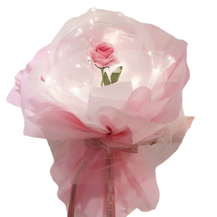 Trandafir in Balon LED cu Lumini, Tip Buchet, Diametru 35 cm, Roz