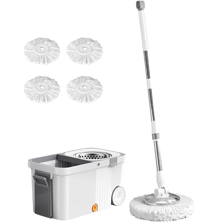 Set mop rotativ cu galeata, awwaline, Alb/Gri, storcator centrifuga, galeata portabila 10 litri, 4 rezerve mop, sistem evacuare apa