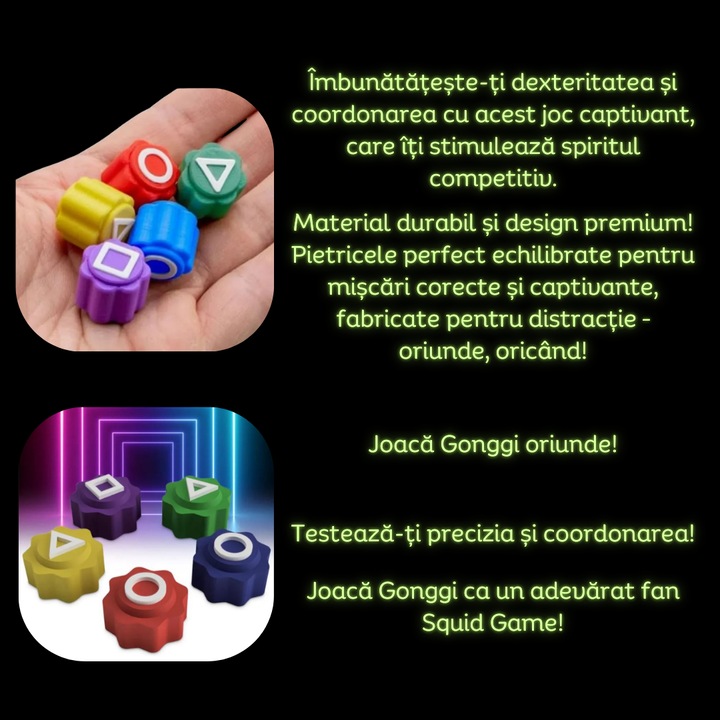 Комплект Gonggi, Clickzu, Корейска игра с камъчета от Скуид Гейм, Идеален за забавление и релакс, Без сглобяване, Лесен за игра, Развива координация и сръчност, Подходящ за деца, Възрастни и фенове, Преносим, В прозрачна кутия, Многоцветен