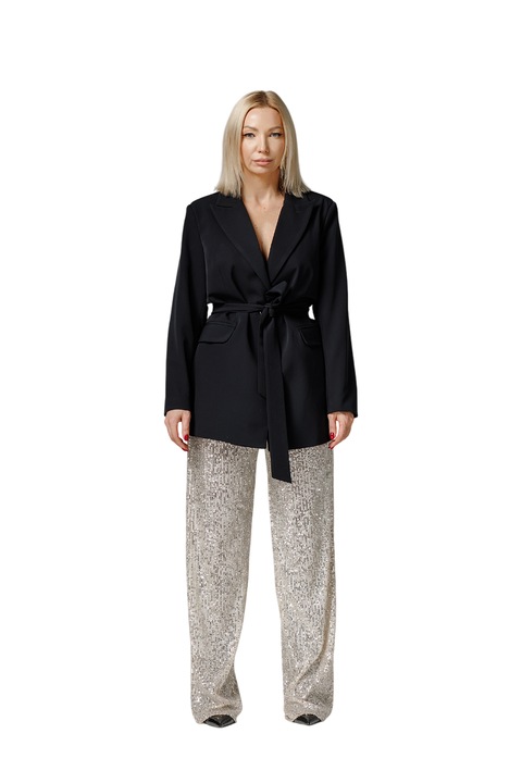 Costum cu sacou oversized si pantaloni din paiete, Vezuvio Glam Silver, Negru/Argintiu