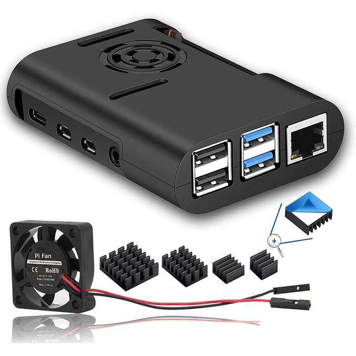 Cutie pentru Raspberry Pi 4, Rqiurpn, cu ventilator de racire si radiator, neagra, usor de instalat