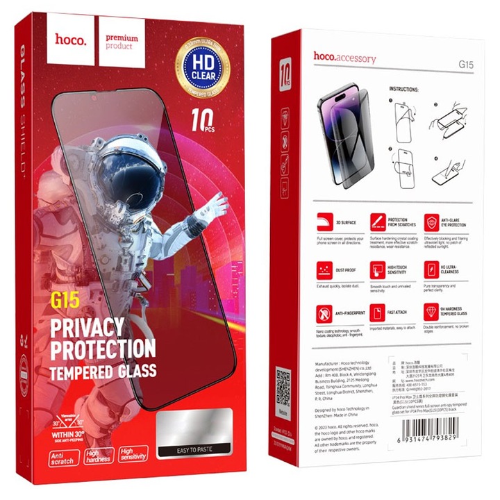 Hoco 6D képernyővédő fólia iPhone 15 Pro készülékhez, Edzett üveg, Guardian Shield, AntiSpy, Fekete keret (G15) -